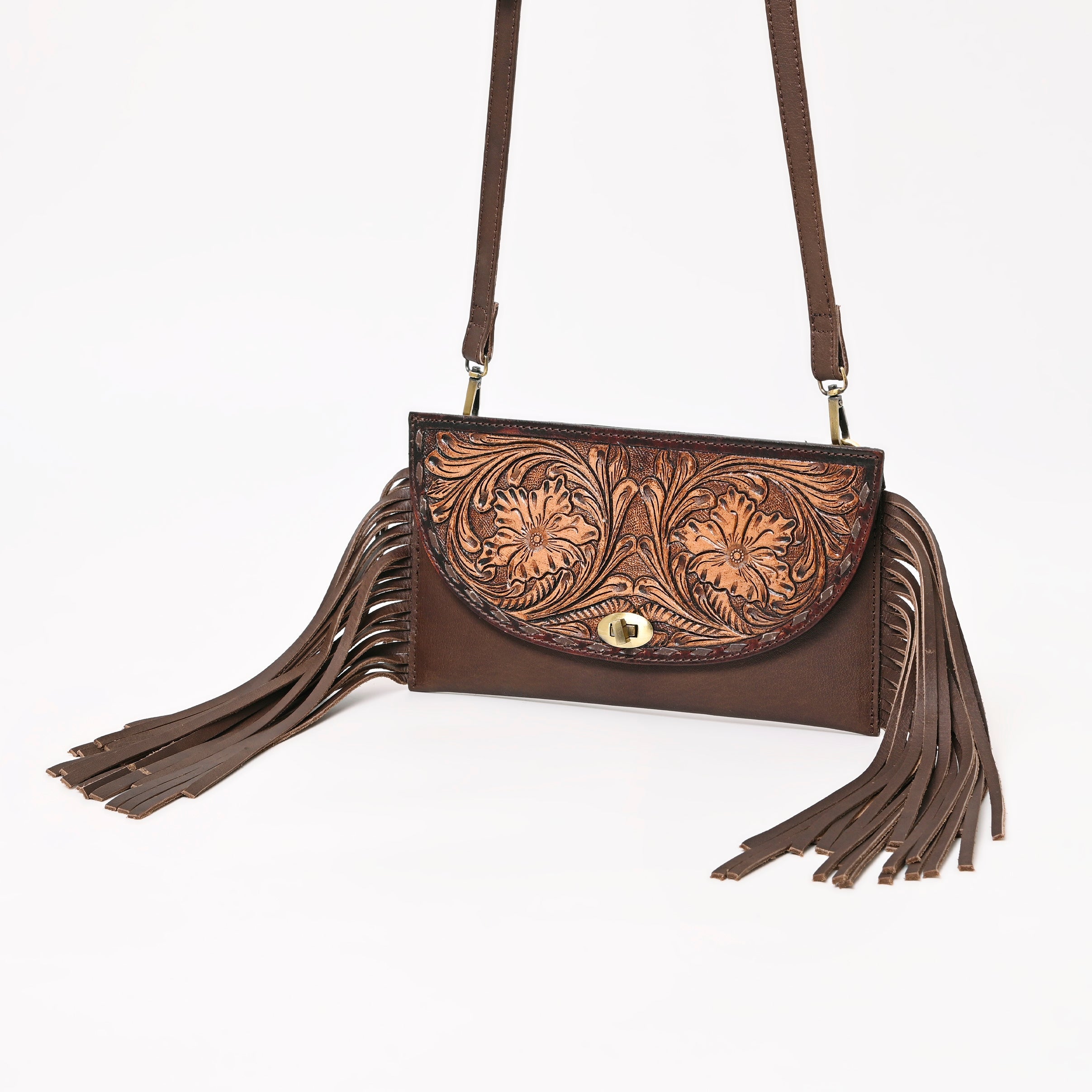 Montana West Hand Tooled Leather Oil Calf Fringe Crossbody - Cowgirl Wear
